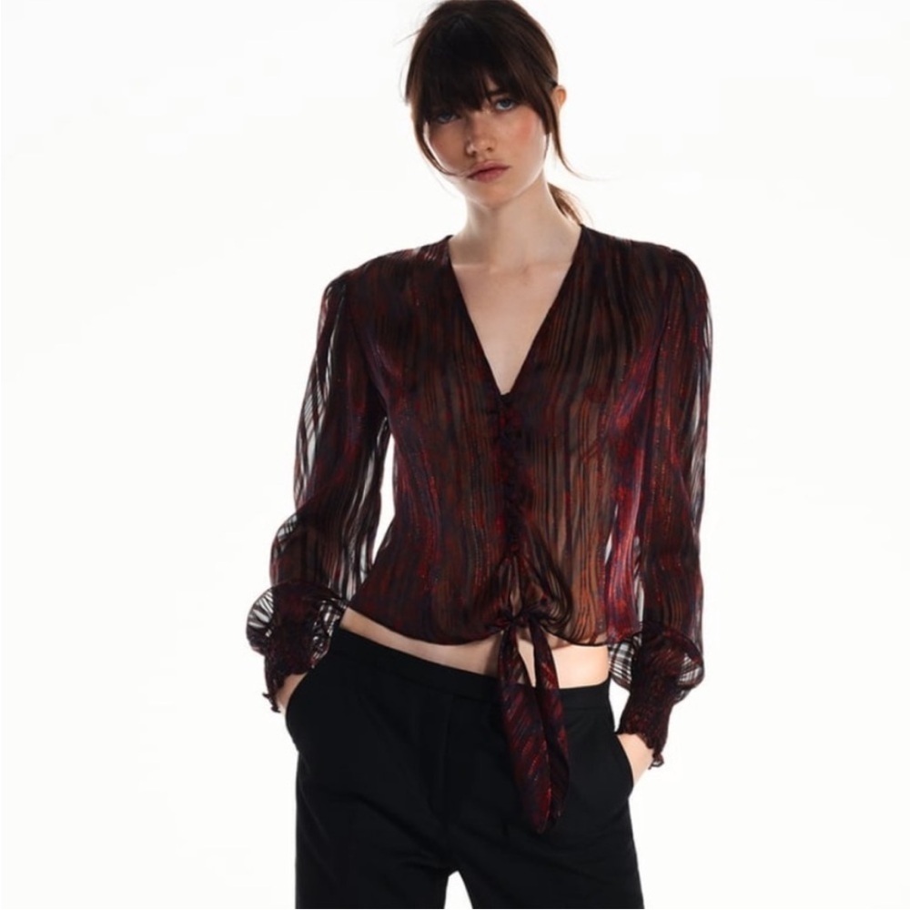 Zara Snakeskin Print Red and Black button down Blouse with Knot- Size XL